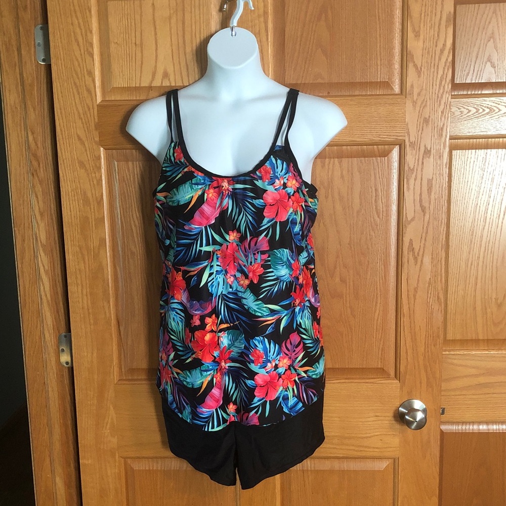 Tropical Floral Swimsuit. Adjustable-Strap Tank Top and Shorts